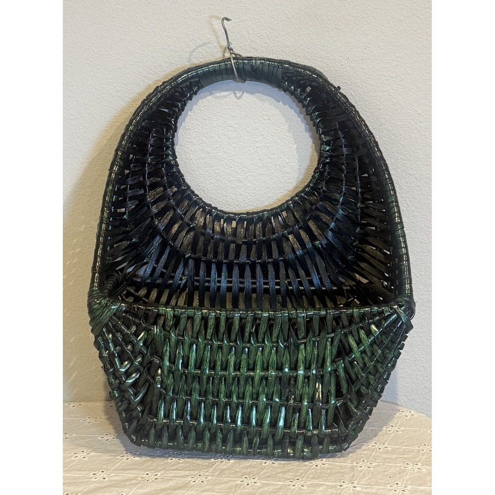 Vintage Woven Wall‎ Basket 15" Green Handwoven Hanging Basket Boho Decor